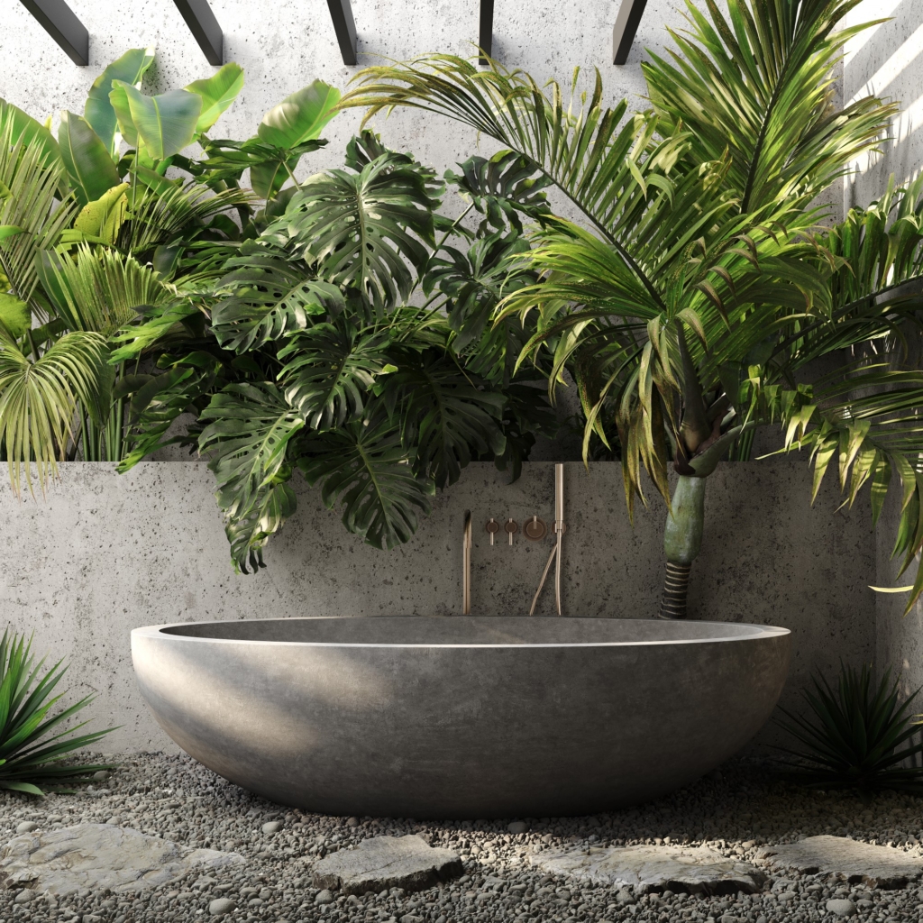 Tropical outdoor tub with plants