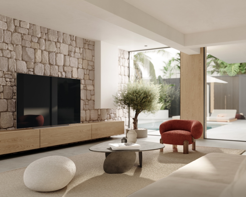 Scandinavian minimalistic living room with pool view