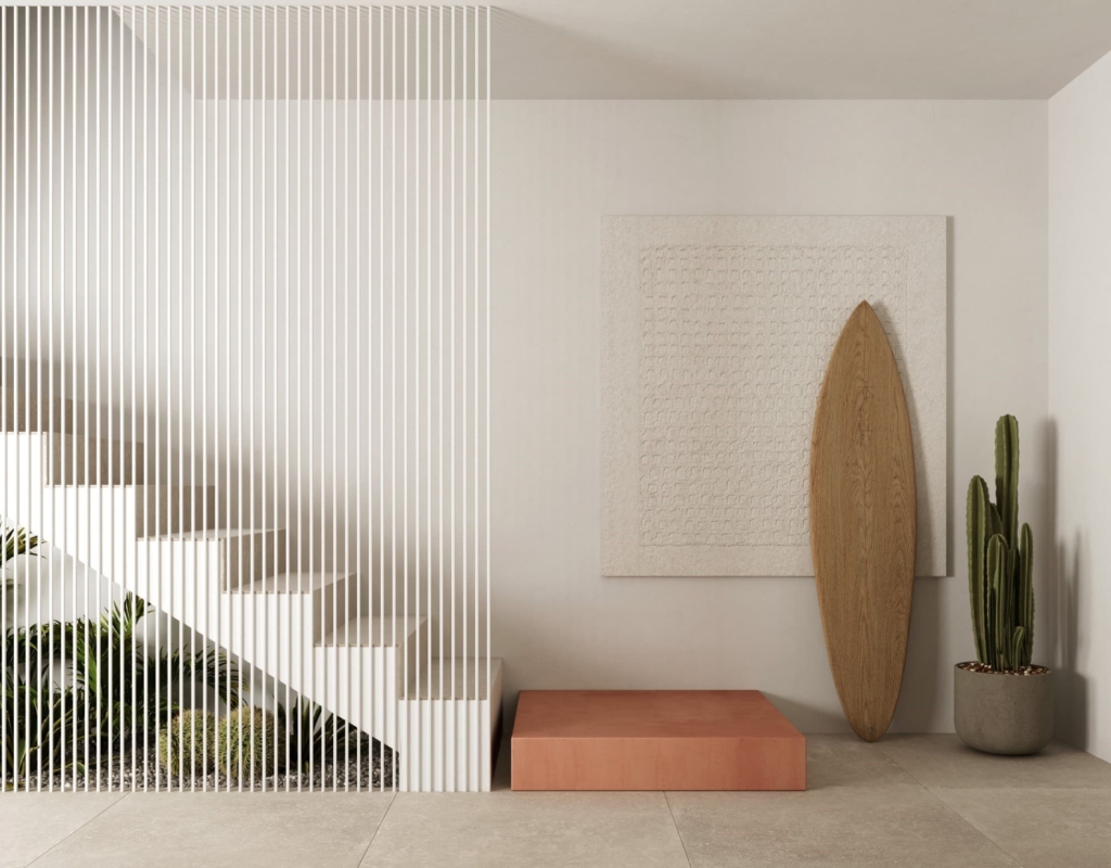 white staircase with color details and a surfboard decor